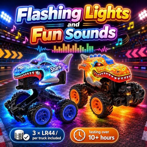 Exploding Monster Truck Toy with Interchangeable Dinosaur and Shark Bodies, Lights & Sounds,2 Pack of Light Up Monster Truck for Boys Age 3, 4-7 and Above and Girls in Kuwait