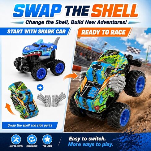 Exploding Monster Truck Toy with Interchangeable Dinosaur and Shark Bodies, Lights & Sounds,2 Pack of Light Up Monster Truck for Boys Age 3, 4-7 and Above and Girls in Kuwait