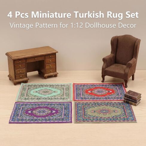 Dollhouse Accessories Miniature Rug 1:12 Scale Carpet 4pcs Floral Print Vintage Woven Mini House Turkish Rugs Decoration Living Room Ornaments (ALL) in Kuwait