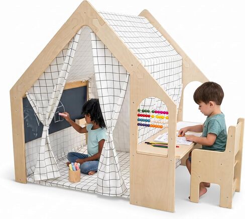 Avenlur Flair Montessori Style Wooden 5 in 1 Indoor Playhouse Play Tent with Desk Table, Chair, Chalkboard, Floor Cushion and Curtain Shades for Babies, Toddlers, Kids Ages 1-8yrs (Large, Balloons) in Kuwait