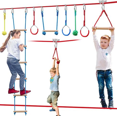 Ninja Warrior Obstacle Course for Kids，60ft Ninja Slackline-with 8 Pcs Accessories,Tree Protector & Carry Bag Ninja Course for Kids Outside-Backyard Zip Line for Kids in Kuwait