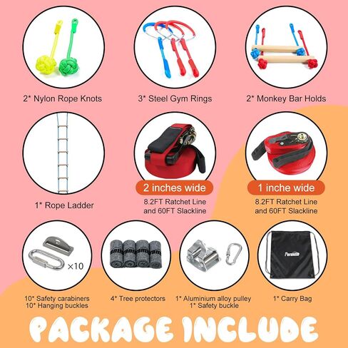 Ninja Warrior Obstacle Course for Kids，60ft Ninja Slackline-with 8 Pcs Accessories,Tree Protector & Carry Bag Ninja Course for Kids Outside-Backyard Zip Line for Kids in Kuwait