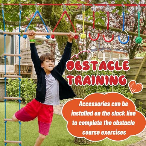 Ninja Warrior Obstacle Course for Kids，60ft Ninja Slackline-with 8 Pcs Accessories,Tree Protector & Carry Bag Ninja Course for Kids Outside-Backyard Zip Line for Kids in Kuwait