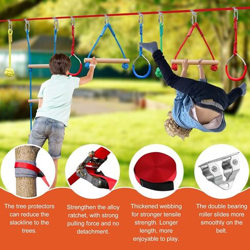 Ninja Warrior Obstacle Course for Kids，60ft Ninja Slackline-with 8 Pcs Accessories,Tree Protector & Carry Bag Ninja Course for Kids Outside-Backyard Zip Line for Kids in Kuwait