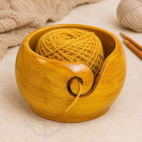Nagina International Yellow Teak Wood Crafted Premium Portable Light Weight Knitting & Crochet Yarn Bowl | Stitch Accessories & Storage (Small) in Kuwait