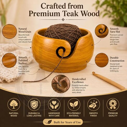 Nagina International Yellow Teak Wood Crafted Premium Portable Light Weight Knitting & Crochet Yarn Bowl | Stitch Accessories & Storage (Small) in Kuwait