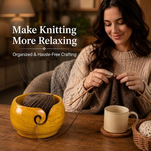 Nagina International Yellow Teak Wood Crafted Premium Portable Light Weight Knitting & Crochet Yarn Bowl | Stitch Accessories & Storage (Small) in Kuwait
