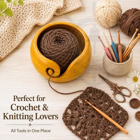 Nagina International Yellow Teak Wood Crafted Premium Portable Light Weight Knitting & Crochet Yarn Bowl | Stitch Accessories & Storage (Small) in Kuwait