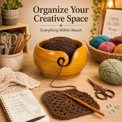 Nagina International Yellow Teak Wood Crafted Premium Portable Light Weight Knitting & Crochet Yarn Bowl | Stitch Accessories & Storage (Small) in Kuwait