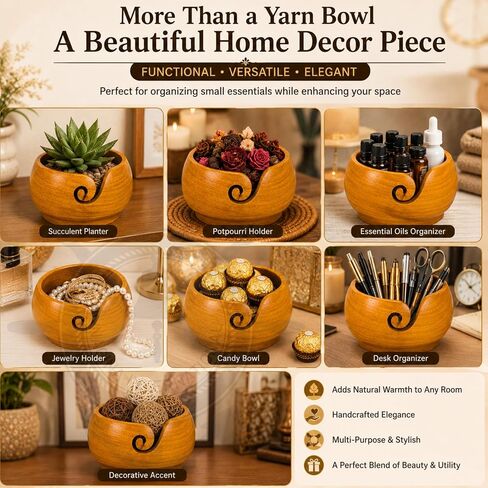 Nagina International Yellow Teak Wood Crafted Premium Portable Light Weight Knitting & Crochet Yarn Bowl | Stitch Accessories & Storage (Small) in Kuwait