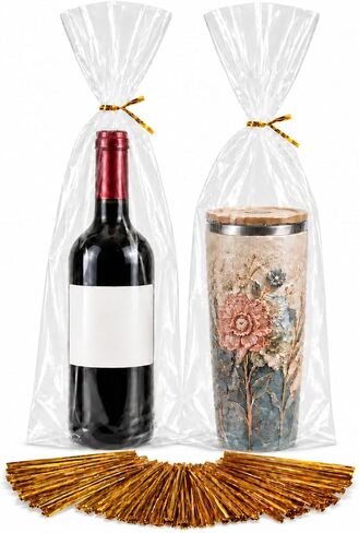 100 Gusset Cello Bags with Ties - 2.8 mil Big Size Gift Wrap Cellophane Bag - Clear Wine Bottle Gift Bags Large for Favor (8" x 16" + 4") in Kuwait