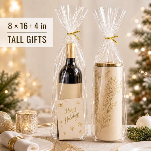 100 Gusset Cello Bags with Ties - 2.8 mil Big Size Gift Wrap Cellophane Bag - Clear Wine Bottle Gift Bags Large for Favor (8" x 16" + 4") in Kuwait