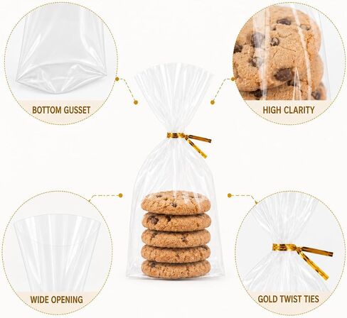 100 Gusset Cello Bags with Ties - 2.8 mil Big Size Gift Wrap Cellophane Bag - Clear Wine Bottle Gift Bags Large for Favor (8" x 16" + 4") in Kuwait