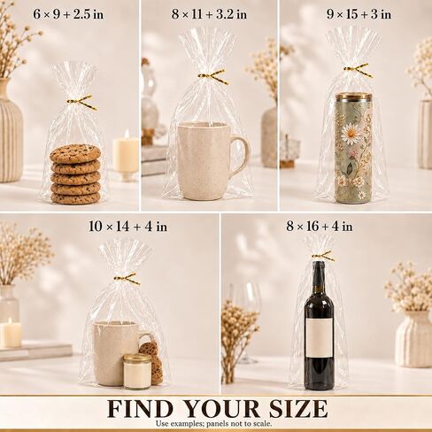 100 Gusset Cello Bags with Ties - 2.8 mil Big Size Gift Wrap Cellophane Bag - Clear Wine Bottle Gift Bags Large for Favor (8" x 16" + 4") in Kuwait