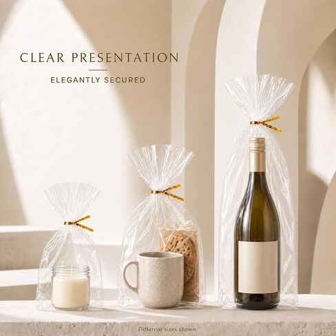 100 Gusset Cello Bags with Ties - 2.8 mil Big Size Gift Wrap Cellophane Bag - Clear Wine Bottle Gift Bags Large for Favor (8" x 16" + 4") in Kuwait