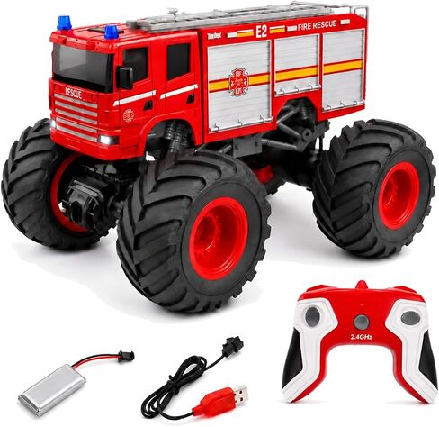Remote Control Monster Truck - 1:18 Scale RC Fire Truck, 2.4GHz Big Wheel School Bus with Lights, Sounds, Rechargeable Electric Toy Stunt Jam Car for Kids, Boys, Girls (Fire Truck) in Kuwait