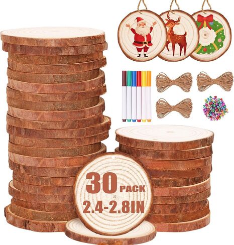Max Fun Natural Wood Slices 30PCS 3.1-3.5'' Crafts DIY Wooden Christmas Ornaments Unfinished Predrilled Round Wood Circles for Arts and Crafts Centerpieces Holiday Hanging Decorations in Kuwait