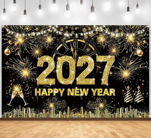 Happy New Year Party Backdrop Fabric Sign Poster Banner with Pattern Firework for New Year Party Decoration Photo Props Background Supplies in Kuwait