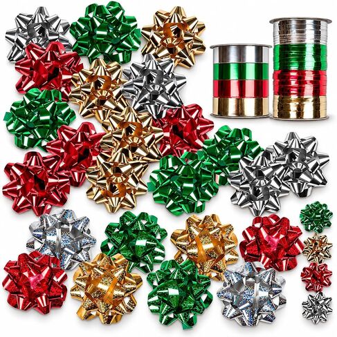 30 Christmas Self Adhesive Gift Bows and 8 Rolls of Christmas Curling Ribbons by Gift Boutique in Kuwait