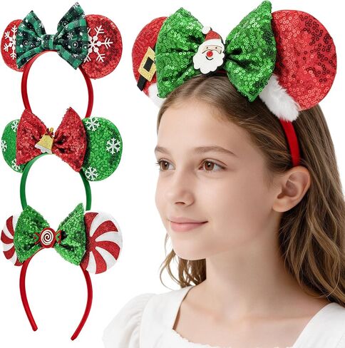 Tarocynn 4 PCS Christmas Mouse Ears Headbands Christmas Sequin Santa Reindeer Candy Headbands for Cosplay Party Favors (Christmas 4 Pack) in Kuwait