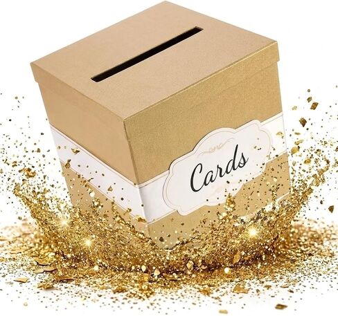 Merry Expressions Gift Card Box with 2 Black & White Ribbons in Gold Trim & Cards Label - 10"x10"x10" Large - for Weddings, Graduations, Birthdays or Baby Showers in Kuwait