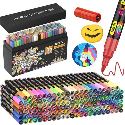 NICETY 136 Colors Acrylic Paint Pens Paint Markers, Extra Fine Tip Point Acrylic Paint Pens for Rock Painting, Canvas, Wood, Ceramic, Glass, Stone, Fabric, DIY Crafts & Art Supplies in Kuwait