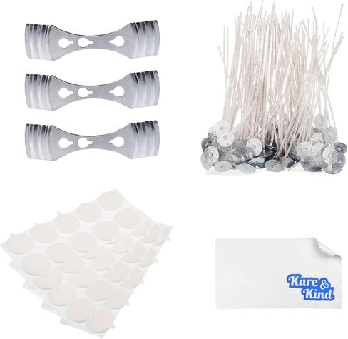 Candle Wick Bundle: 50 Candle Wicks, 50 Stickers and 3 Wick Holders - Easy Positioning - Wicks Coated with Natural Soy Wax, Cotton Threads Woven with Paper - Contains No Lead, Zinc or Other Metals in Kuwait