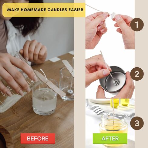 Candle Wick Bundle: 50 Candle Wicks, 50 Stickers and 3 Wick Holders - Easy Positioning - Wicks Coated with Natural Soy Wax, Cotton Threads Woven with Paper - Contains No Lead, Zinc or Other Metals in Kuwait