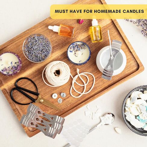 Candle Wick Bundle: 50 Candle Wicks, 50 Stickers and 3 Wick Holders - Easy Positioning - Wicks Coated with Natural Soy Wax, Cotton Threads Woven with Paper - Contains No Lead, Zinc or Other Metals in Kuwait