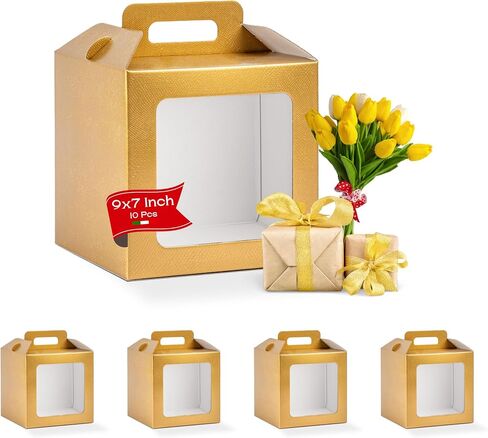 Boxes Craftory Pack of 10 Gable Boxes with Carrying Handle - Ideal for 8x8 Cake Boxes and Presents for All Occasions | 8.26" x 8.26" x 8.26" Gold in Kuwait