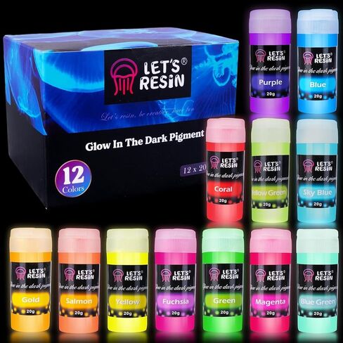 LET'S RESIN 12 Colors Glow in The Dark Pigment Powder - 20g/0.7oz Each Bottle Epoxy Resin Luminous Pigments Long Lasting for Slime, Nails, Acrylic Paint, Halloween Decoration,Art,Crafts in Kuwait