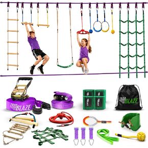Ninja Warrior Obstacle Course for Kids - 2 x 55ft Slackline Double the Fun Exciting Obstacles Cargo Net Rope Ladder Monkey Bars Ninja Course for Kids in Kuwait