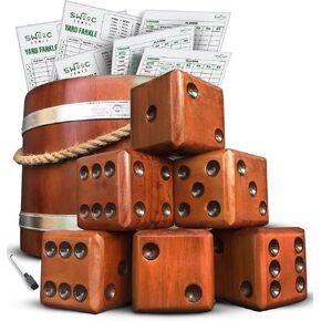 SWOOC Games - Yardzee, Farkle & 20+ Games - Light-Weight Yard Dice Game Set (All Weather) with Wood Bucket, 5 Big Laminated Score Cards, and Marker (Choose 2.5in or 3.5in Dice) Yard Games for Family in Kuwait