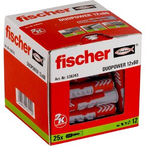 fischer DuoPower 5/16" x 1-5/8" S, Powerful Universal Plug with Safety Screw, Intelligent 2-Component Technology for fastenings in Concrete, Bricks, Gypsum plasterboard, etc, 50 Plugs & 50 Screws in Kuwait