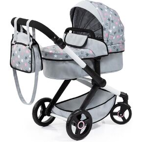 Bayer Design Dolls: Pram Xeo - Grey, Pink, Stars - Includes Shoulder Bag, Fits Dolls Up to 18', Convertible to A Pushchair, Adjustable Handle & Swivel Front Wheels, Accessory for -Plush Toys, Ages 3+ in Kuwait