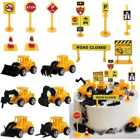 Newmemo 16pcs Construction Cake Topper Vehicles Cake Decoration Set Truck Excavator Tower Crane Cupcake Topper Traffic and Road Sign Decor Happy Birthday Party Supplies Favors for Kids Boys in Kuwait