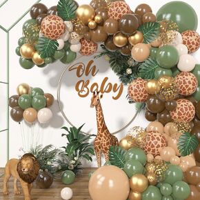 170Pcs Jungle Safari Balloons Garland Kit, Safari Baby Shower Decorations Sage Green Brown & Animal Print Balloons Palm Leaves for Woodland Themed Giraffe Wedding Two Wild One Birthday Party Supplies in Kuwait