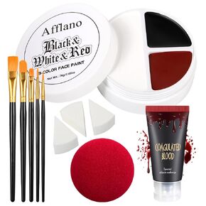 Afflano White Black Red Face Paint 200g, Halloween Makeup Body Paint for Sport Zombie Vampire Skeleton Joker Clown Makeup Kit, Oil Based Face Painting Kit with Brushes +Clown Nose+ Sponges 20 PCS in Kuwait