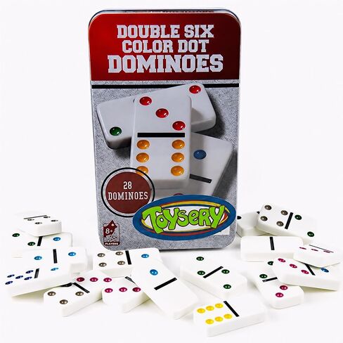 Toysery Double 6 Dominoes Set with Colored Dots. 28 Piece Set White Dominoes with Tin Case. Educational Game Set in Kuwait