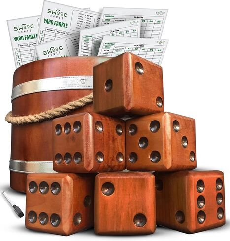 SWOOC Games - Yardzee, Farkle & 20+ Games - Light-Weight Yard Dice Game Set (All Weather) with Wood Bucket, 5 Big Laminated Score Cards, and Marker (Choose 2.5in or 3.5in Dice) Yard Games for Family in Kuwait