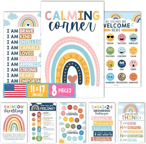 Hadley Designs 8 Boho Calming Corner Classroom Posters Preschool Decorations, Calm Down Decorations For Preschool Teachers, Feelings Chart For Kids Educational Posters For Classroom in Kuwait
