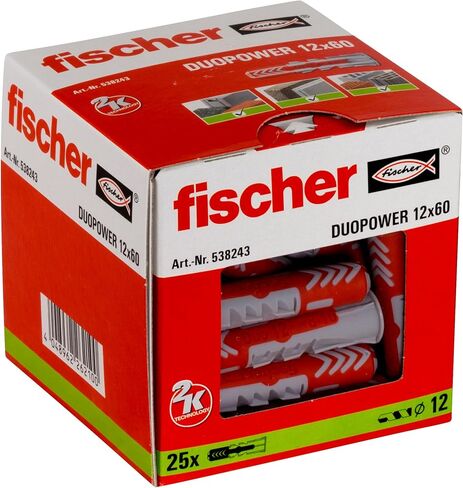 fischer DuoPower 5/16" x 1-5/8" S, Powerful Universal Plug with Safety Screw, Intelligent 2-Component Technology for fastenings in Concrete, Bricks, Gypsum plasterboard, etc, 50 Plugs & 50 Screws in Kuwait