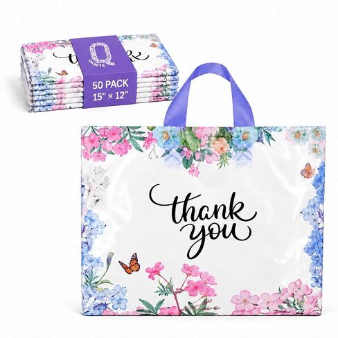 Purple Q Crafts Floral Thank You Plastic Bags 50 Pack 18" x 18" With Soft Loop Handle Thank You Shopping Bags in Kuwait