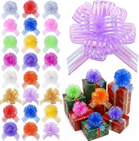 24 Pieces Mixed Color Large Organza Pull Bow Present Wrapping Pull Bow with Ribbon for Wedding Present Baskets (Multicolored) in Kuwait