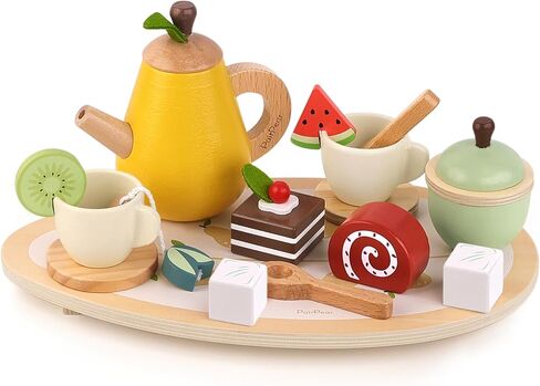 PairPear Wooden Toys Tea Party Set,Toddler Tea Set for Little Girls,Kids Pretend Play Kitchen Accessories,Wooden Play Food Toys Gift for Girls Boys 3 Y+ in Kuwait
