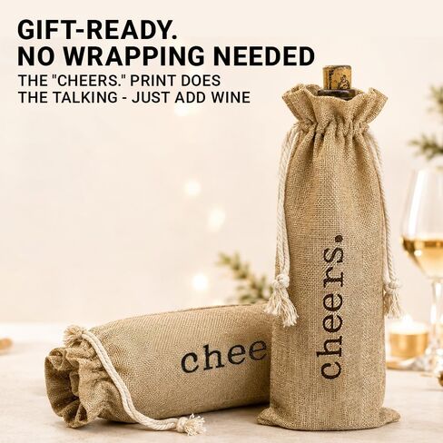 Burlap Wine Bag - 12 Jute Wine Bottle Gift Bags with Drawstring and "Cheers" Print - Gifting Supplies for Wedding, Party Favors, Christmas, Holiday and Wine Tasting Party (Brown, Cheers) in Kuwait