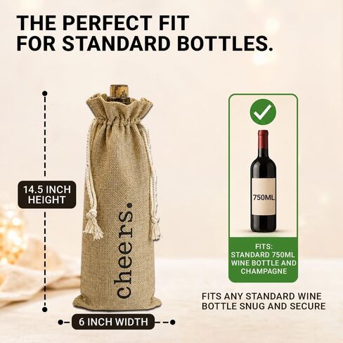Burlap Wine Bag - 12 Jute Wine Bottle Gift Bags with Drawstring and "Cheers" Print - Gifting Supplies for Wedding, Party Favors, Christmas, Holiday and Wine Tasting Party (Brown, Cheers) in Kuwait