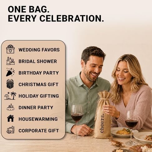 Burlap Wine Bag - 12 Jute Wine Bottle Gift Bags with Drawstring and "Cheers" Print - Gifting Supplies for Wedding, Party Favors, Christmas, Holiday and Wine Tasting Party (Brown, Cheers) in Kuwait