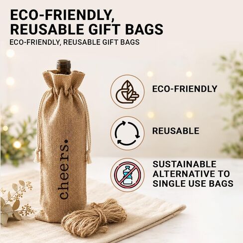 Burlap Wine Bag - 12 Jute Wine Bottle Gift Bags with Drawstring and "Cheers" Print - Gifting Supplies for Wedding, Party Favors, Christmas, Holiday and Wine Tasting Party (Brown, Cheers) in Kuwait