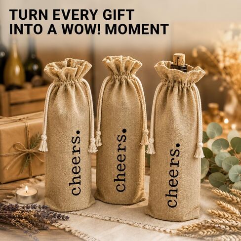 Burlap Wine Bag - 12 Jute Wine Bottle Gift Bags with Drawstring and "Cheers" Print - Gifting Supplies for Wedding, Party Favors, Christmas, Holiday and Wine Tasting Party (Brown, Cheers) in Kuwait